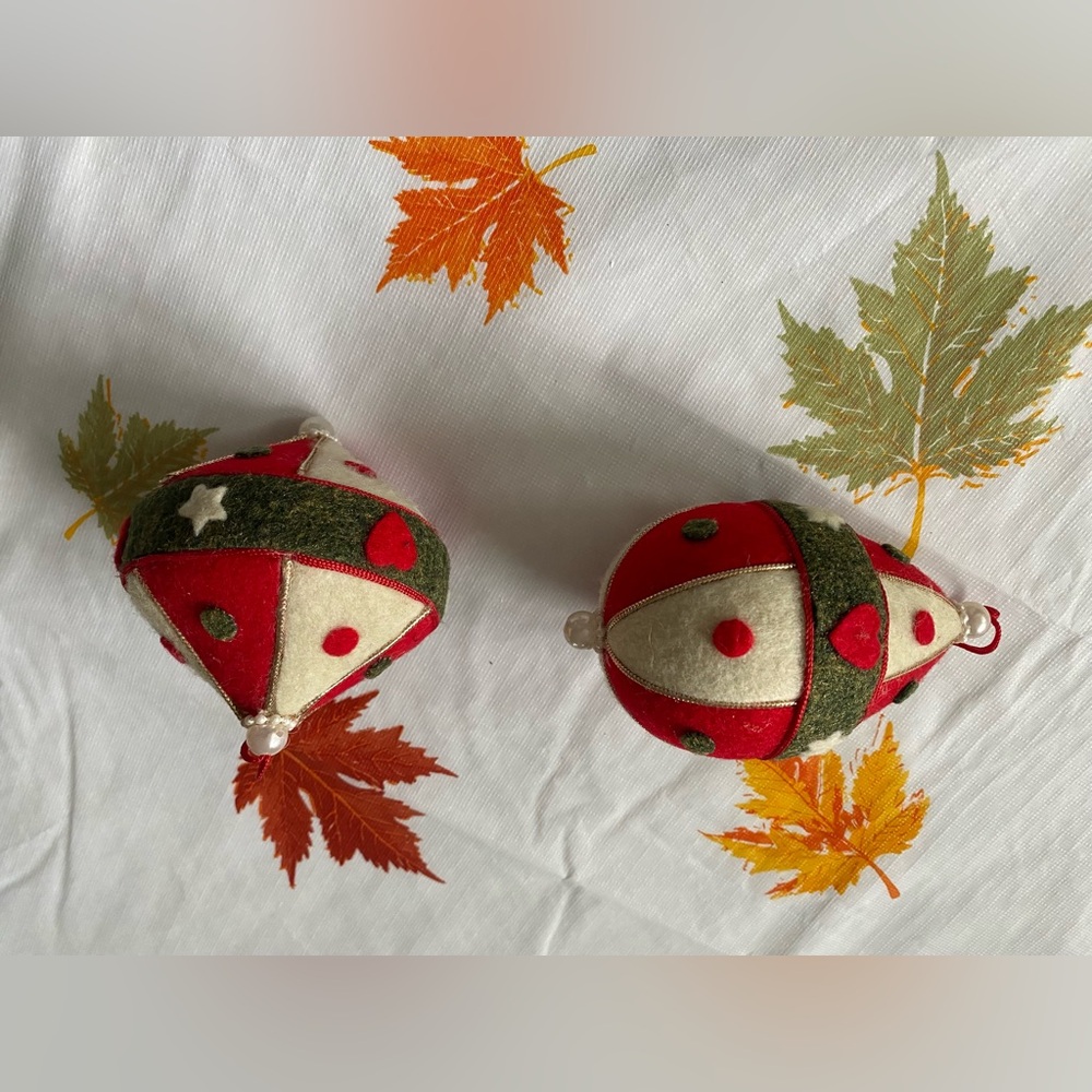 Red White & Green Vintage Handmade Felted Christmas Ornaments (Set of 2)